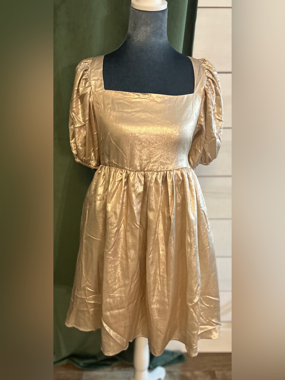 Simply Southern Metallic Gold Square-Neck Puff Sleeve Mini Dress